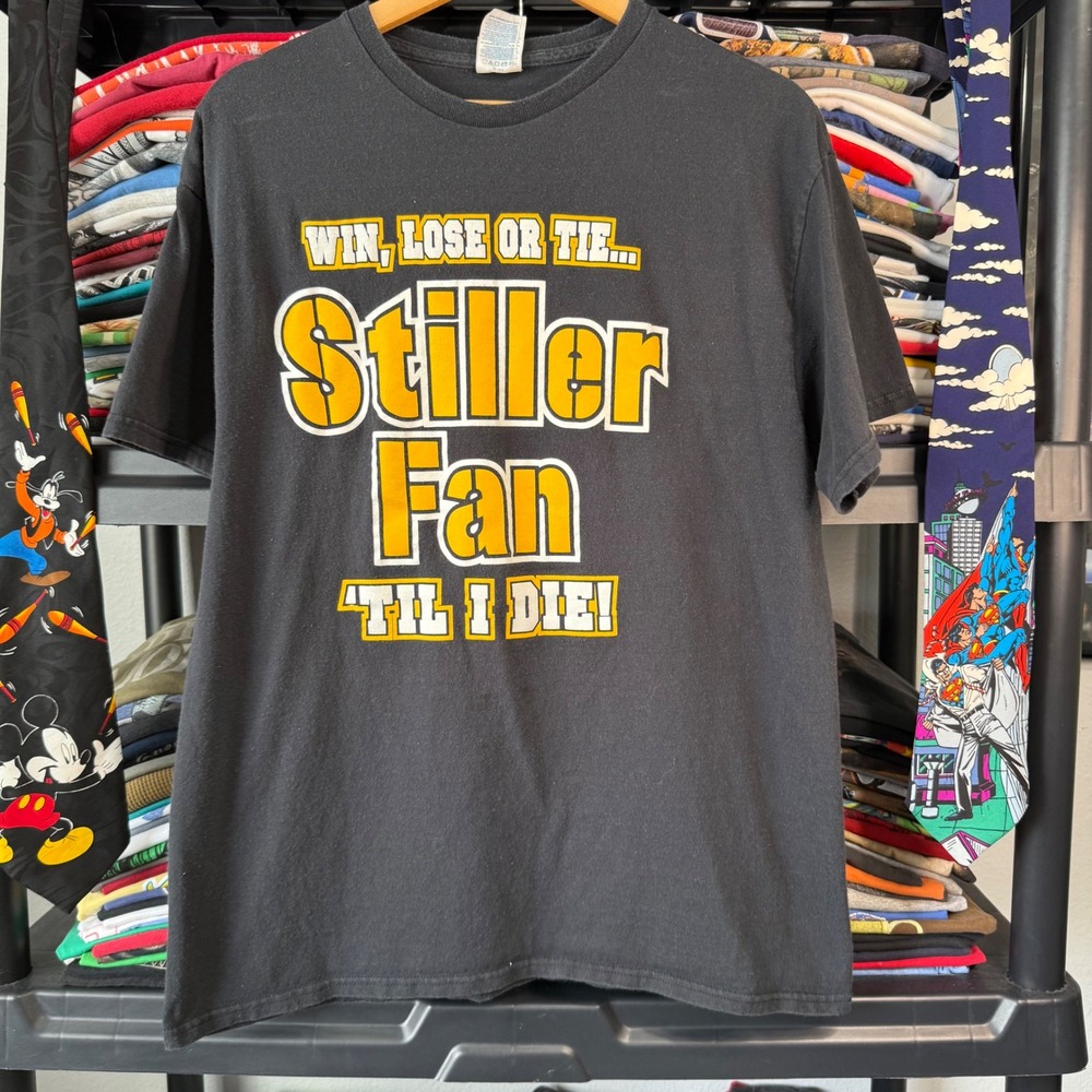 Y2K Black Pittsburgh Stiller Fan Til I Die Graphic T-Shirt Large